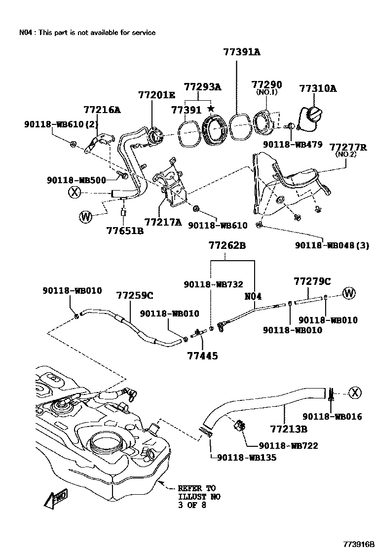 Toyota YARIS 燃油箱和燃油管 EPC diagram — 773916B