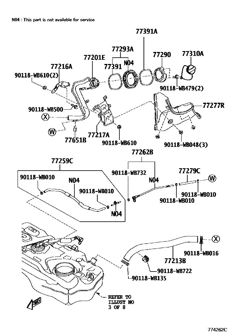 Toyota YARIS 燃油箱和燃油管 EPC diagram — 774262C
