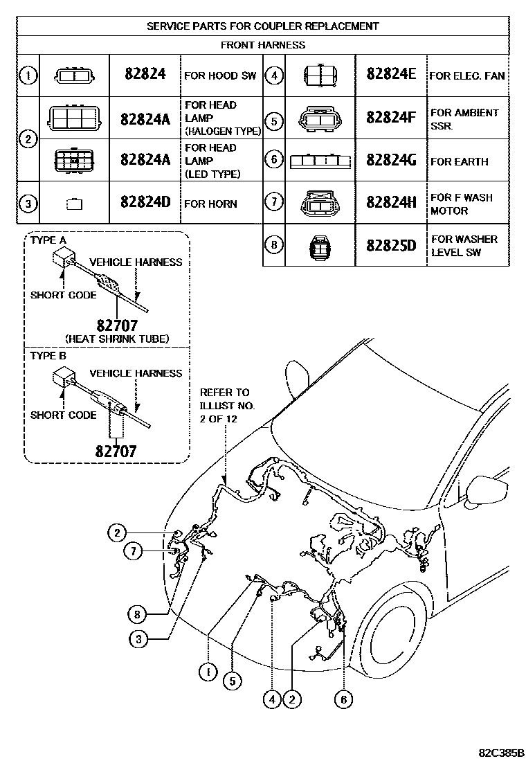 Toyota YARIS 线束和卡夹 EPC diagram — 82C385B