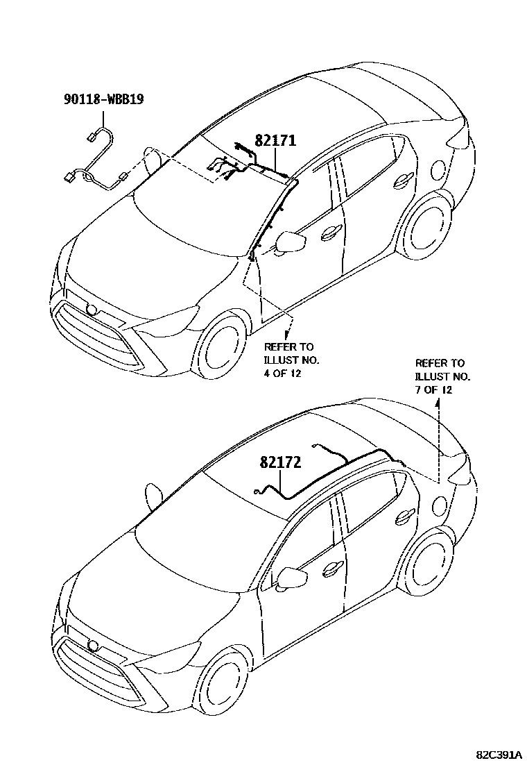 Toyota YARIS 线束和卡夹 EPC diagram — 82C391A