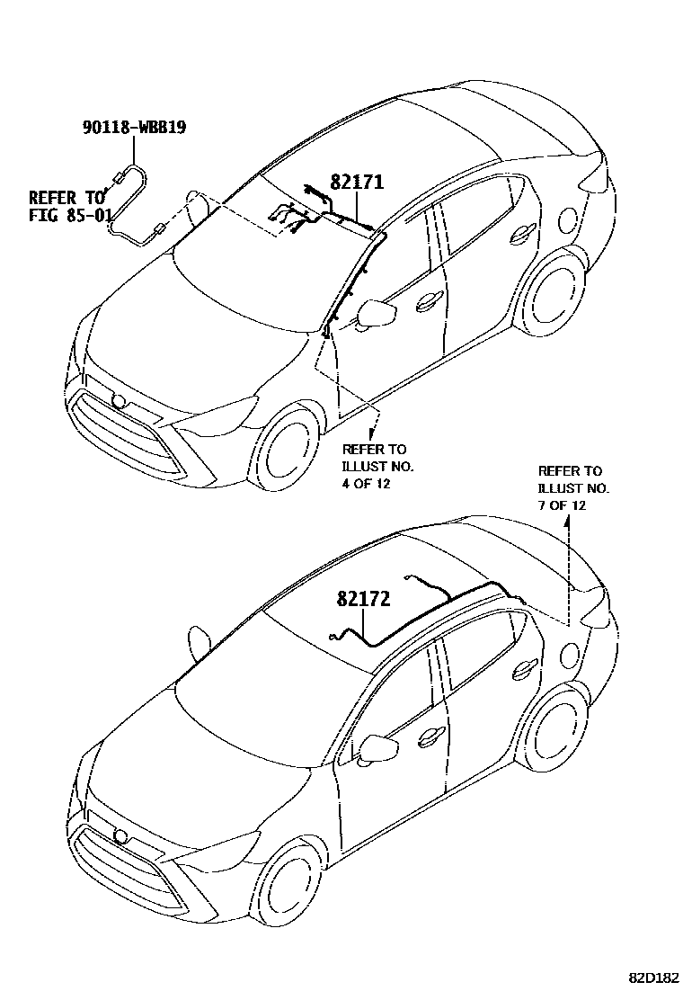 Toyota YARIS 线束和卡夹 EPC diagram — 82D182