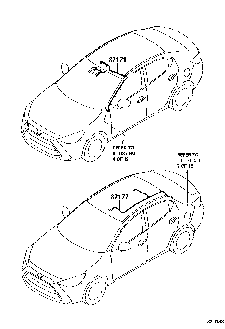 Toyota YARIS 线束和卡夹 EPC diagram — 82D183