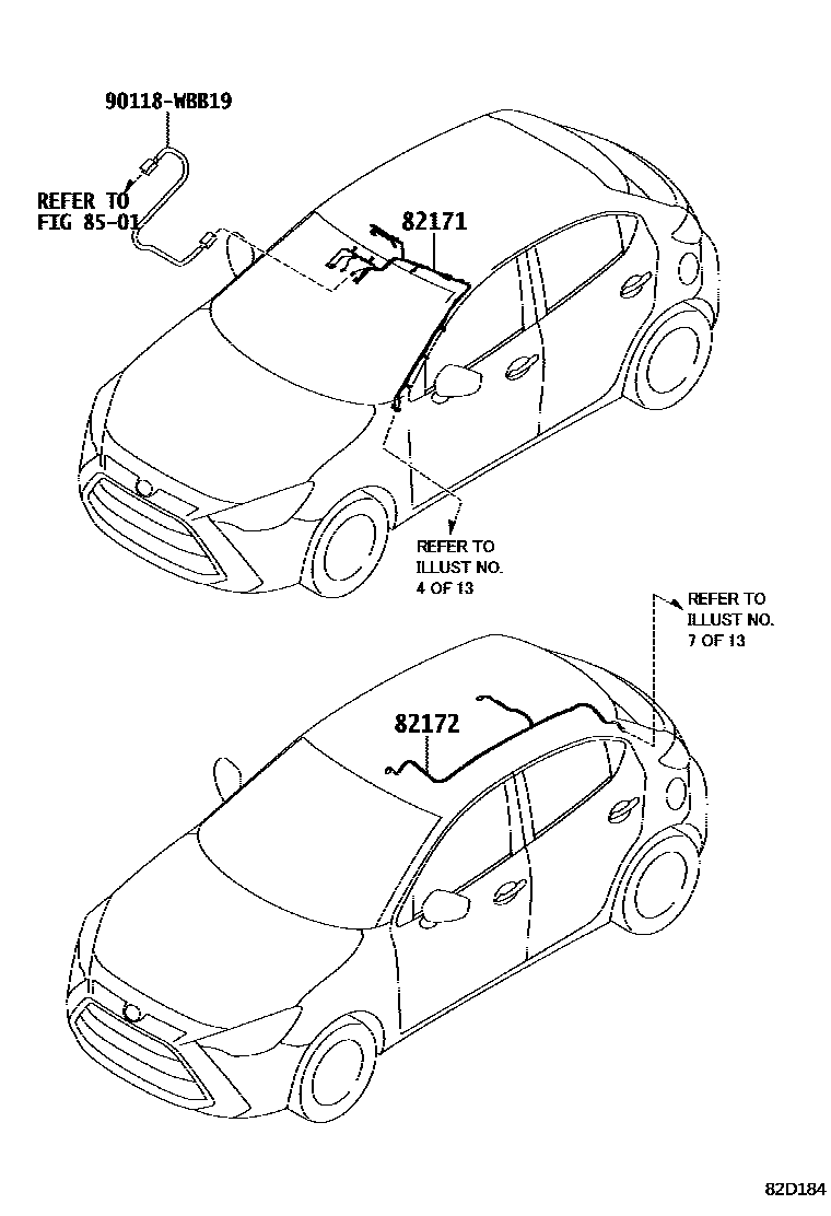 Toyota YARIS 线束和卡夹 EPC diagram — 82D184