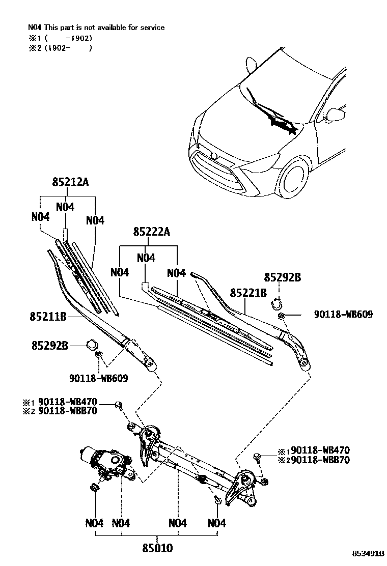 Toyota YARIS 挡风玻璃刮水器 EPC diagram — 853491B