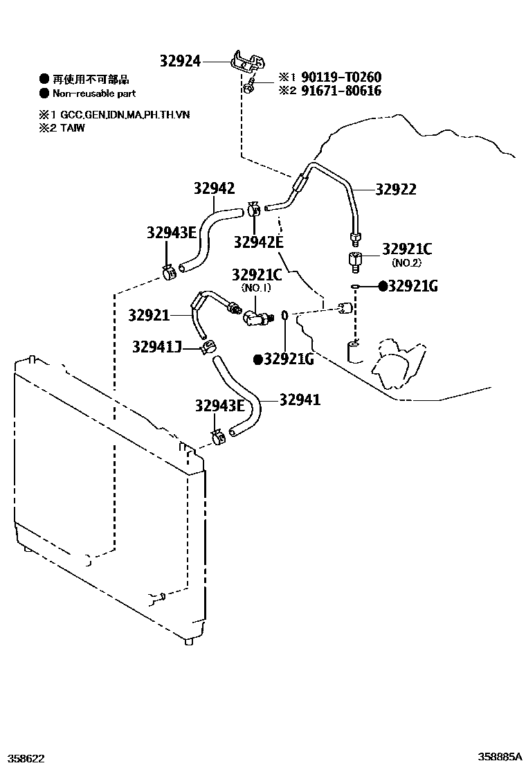 Toyota YARIS 变速器油冷却器和配管(ATM) EPC diagram — 358885A