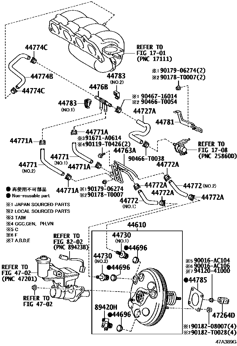 Toyota YARIS 制动助力器和真空管 EPC diagram — 47A389G