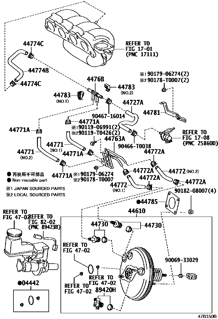 Toyota YARIS 制动助力器和真空管 EPC diagram — 47B150B