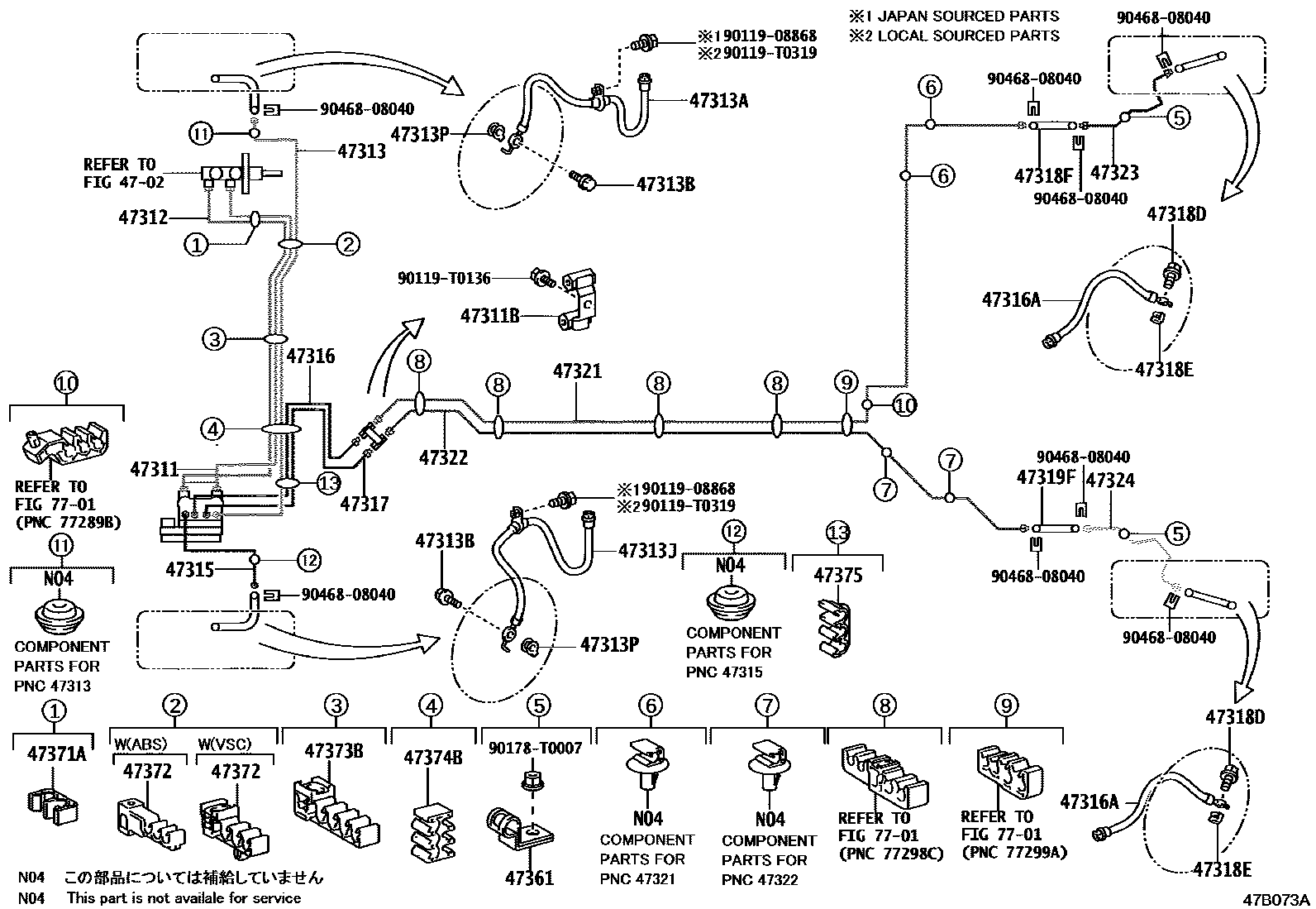 Toyota YARIS 制动配管和卡箍 EPC diagram — 47B073A