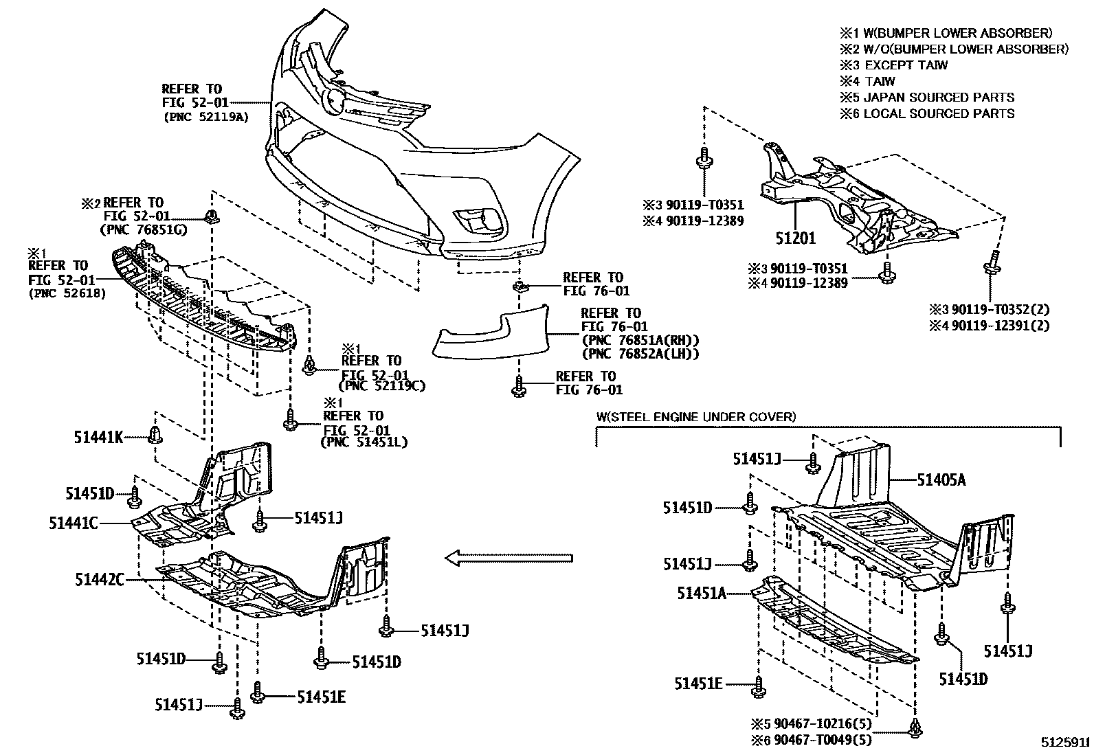 Toyota YARIS 悬架横梁和发动机底罩 EPC diagram — 512591I