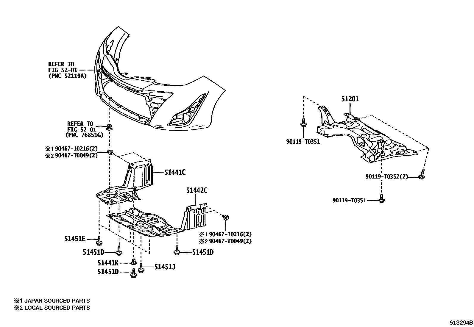Toyota YARIS 悬架横梁和发动机底罩 EPC diagram — 513294B