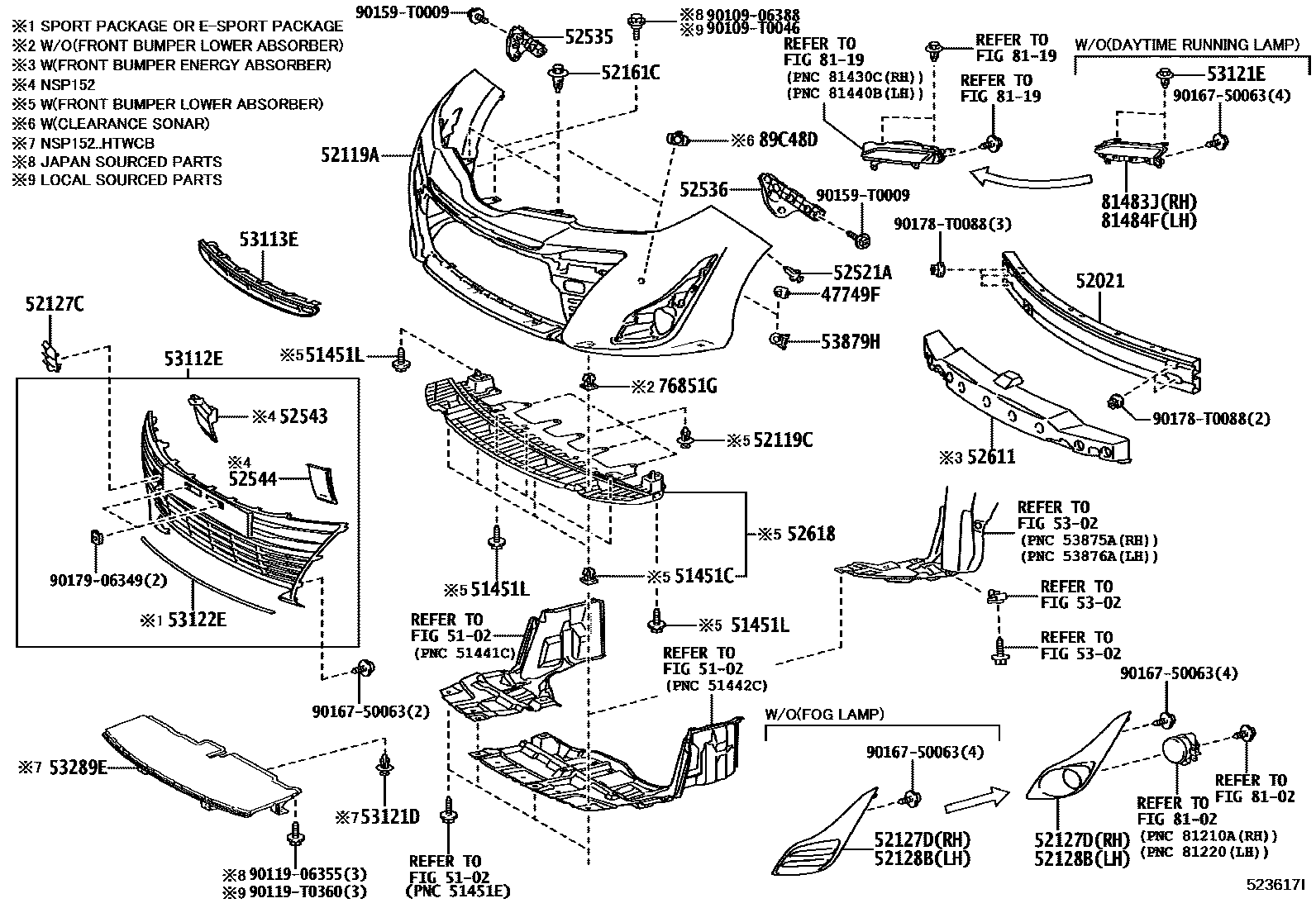 Toyota YARIS 前保险杠及附件 EPC diagram — 523617I