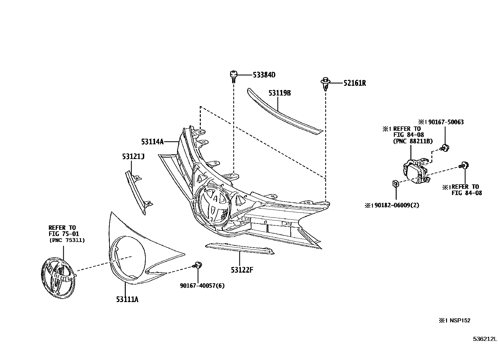 Toyota YARIS radiator grille EPC diagram — 536212L