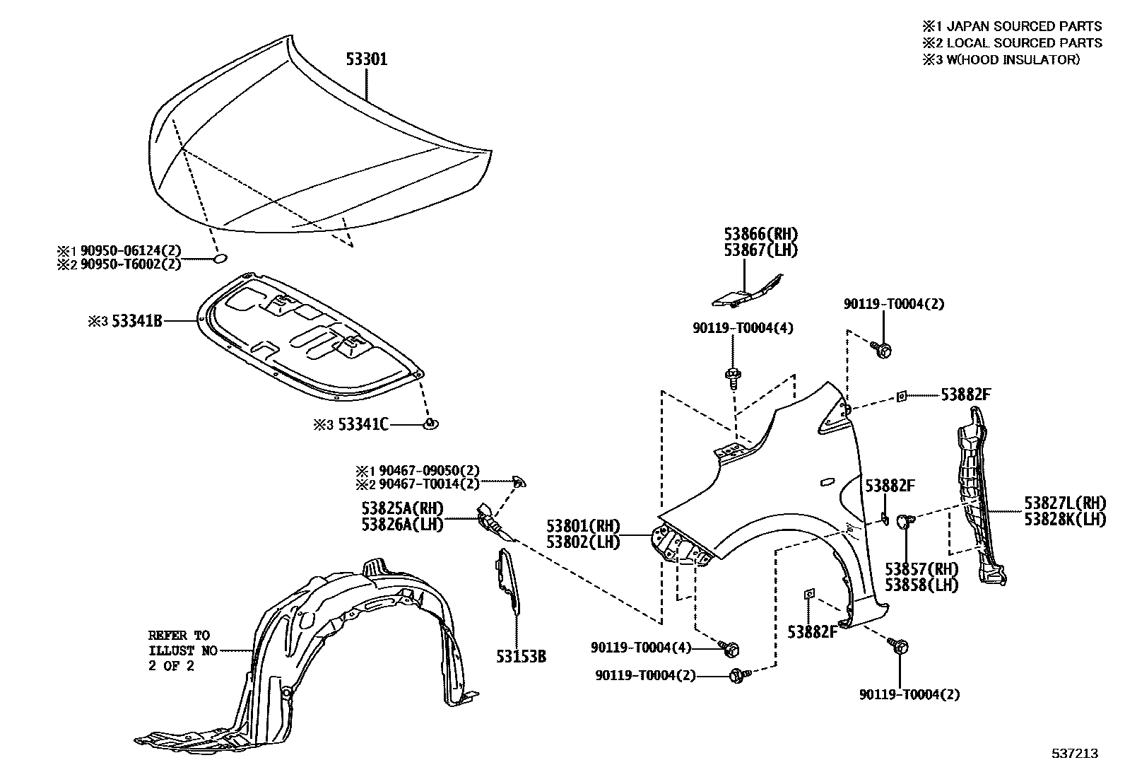 Toyota YARIS 发动机盖和前翼子板 EPC diagram — 537213