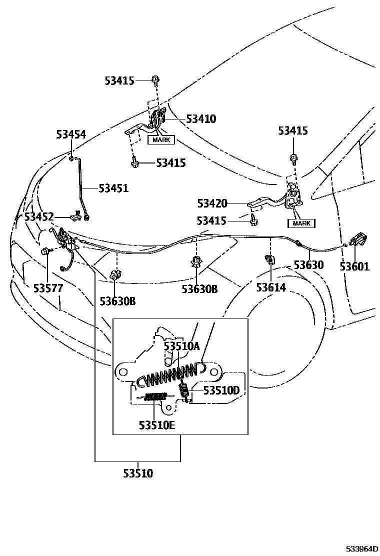 Toyota YARIS 发动机盖锁和铰链 EPC diagram — 533964D