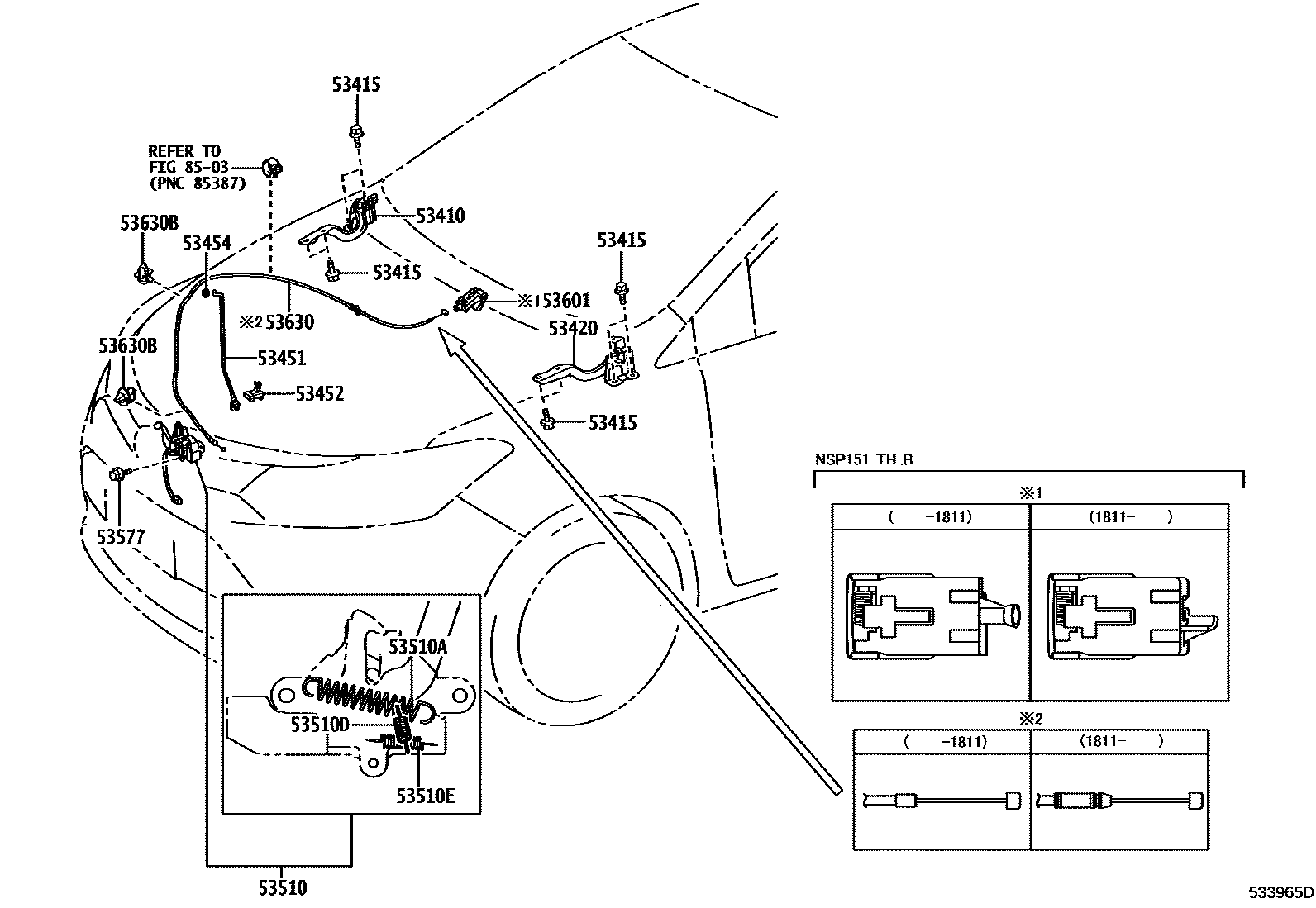 Toyota YARIS 发动机盖锁和铰链 EPC diagram — 533965D