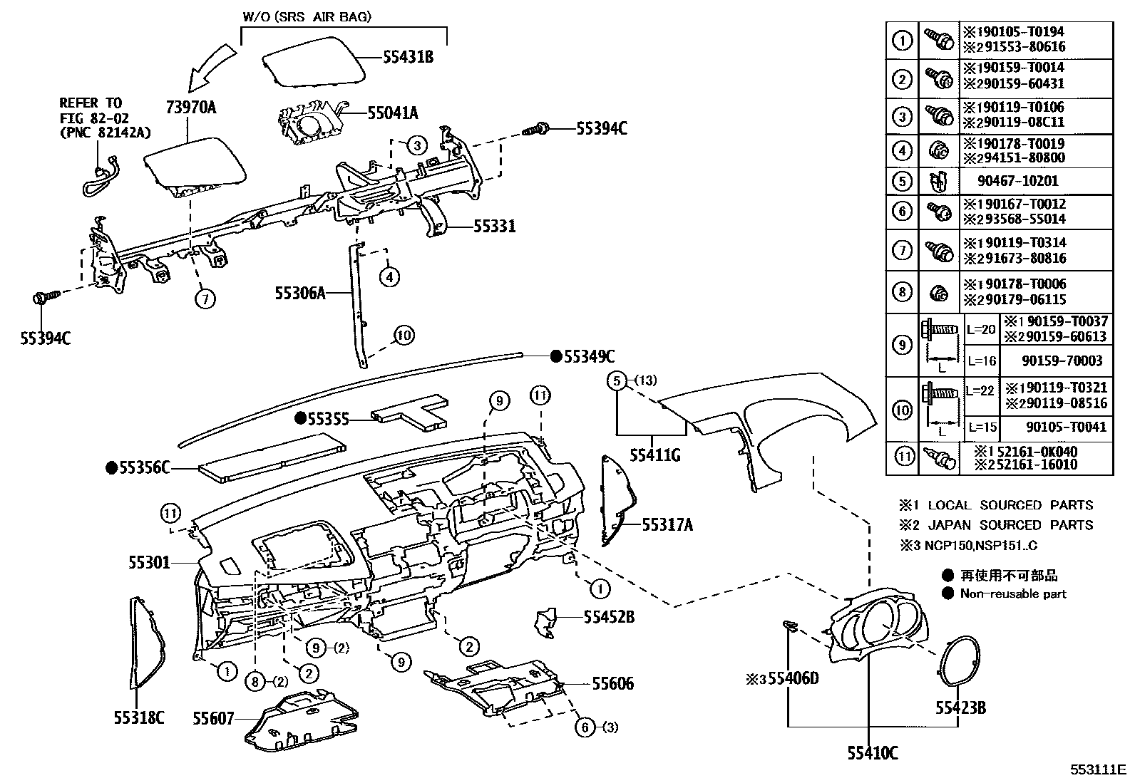 Toyota YARIS 仪表板和手套箱 EPC diagram — 553111E