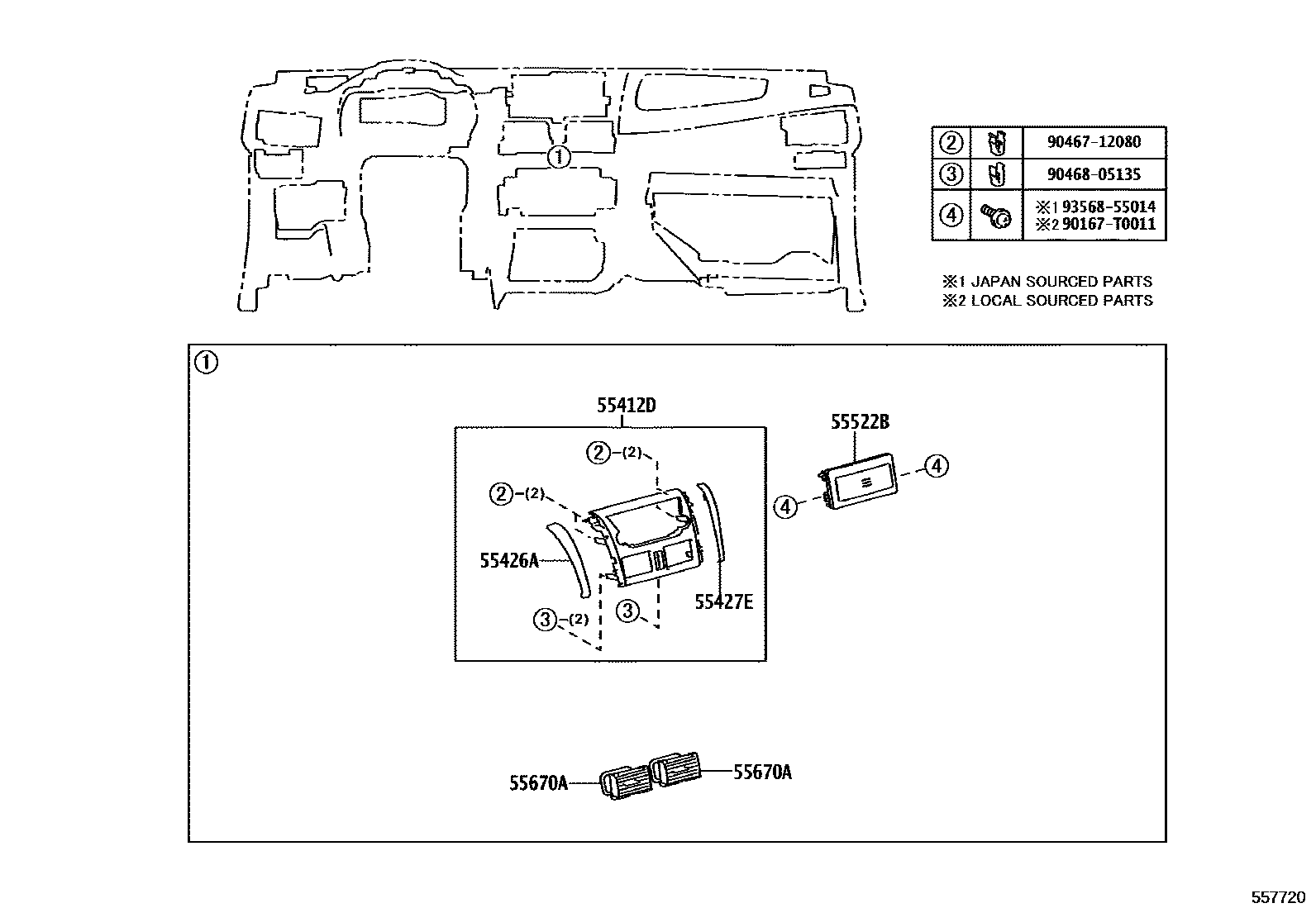 Toyota YARIS 仪表板和手套箱 EPC diagram — 557720