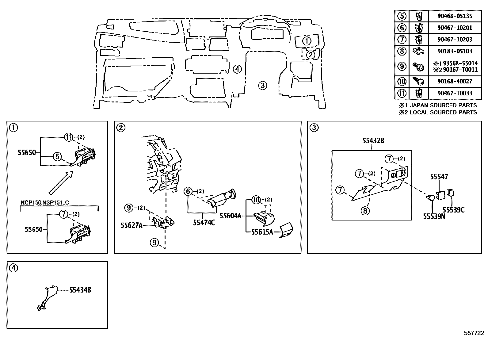 Toyota YARIS 仪表板和手套箱 EPC diagram — 557722