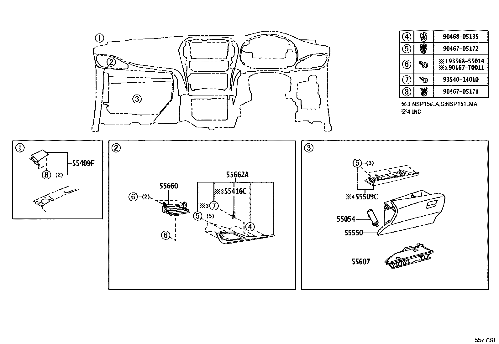 Toyota YARIS 仪表板和手套箱 EPC diagram — 557730