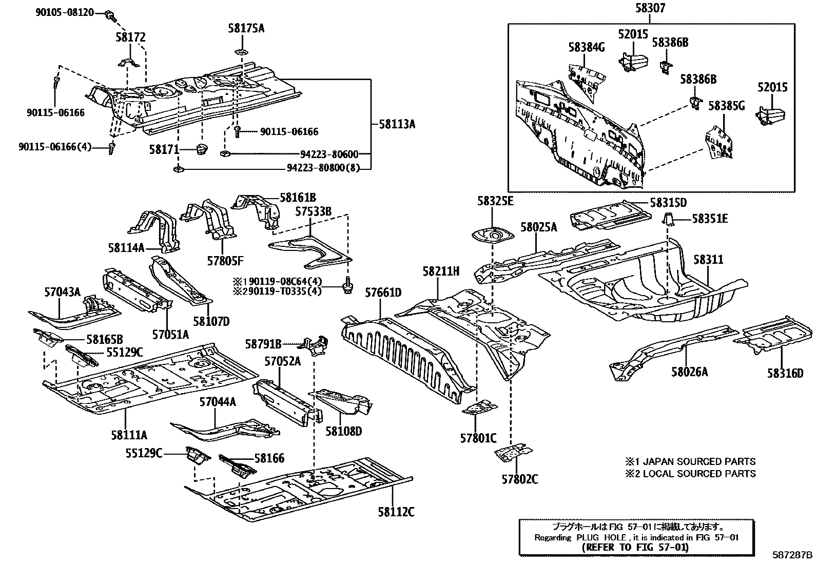 Toyota YARIS 浅盘形地板和车身下背板 EPC diagram — 587287B