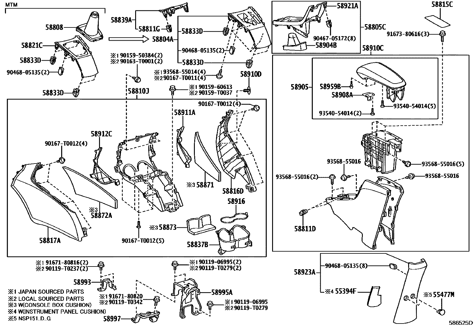 Toyota YARIS 中央扶手箱和支架 EPC diagram — 586525D