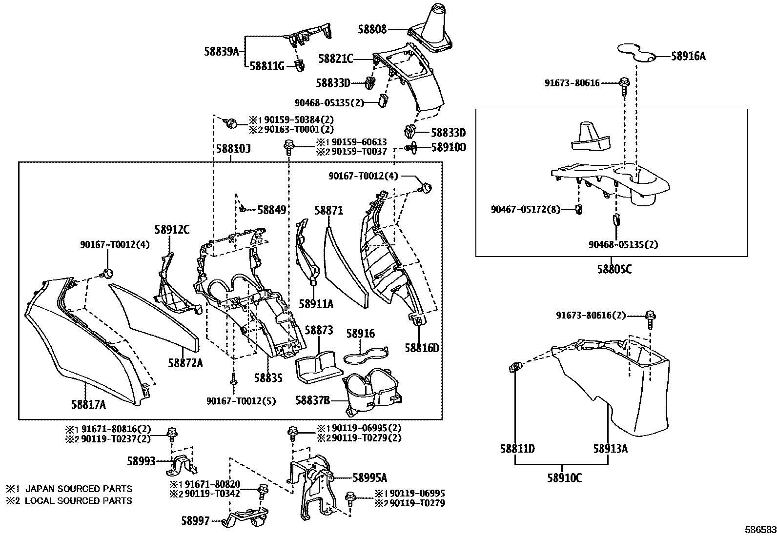 Toyota YARIS 中央扶手箱和支架 EPC diagram — 586583