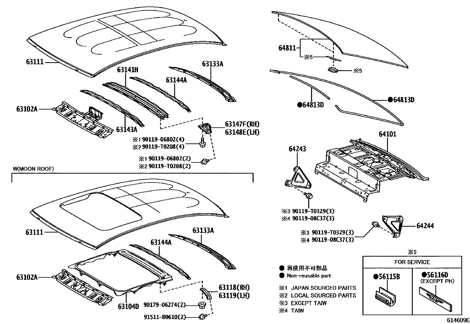 Toyota YARIS 天窗板和背窗玻璃 EPC diagram — 614609E