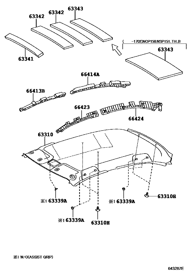 Toyota YARIS 车顶内衬和消声垫 EPC diagram — 643287E
