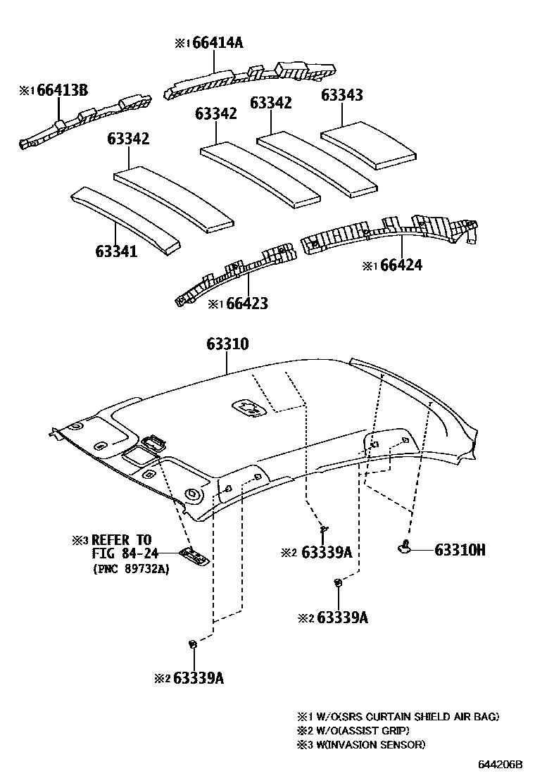 Toyota YARIS 车顶内衬和消声垫 EPC diagram — 644206B