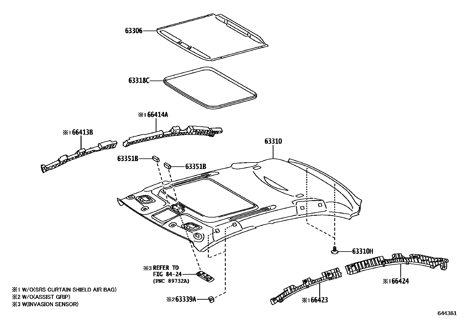 Toyota YARIS 车顶内衬和消声垫 EPC diagram — 644361