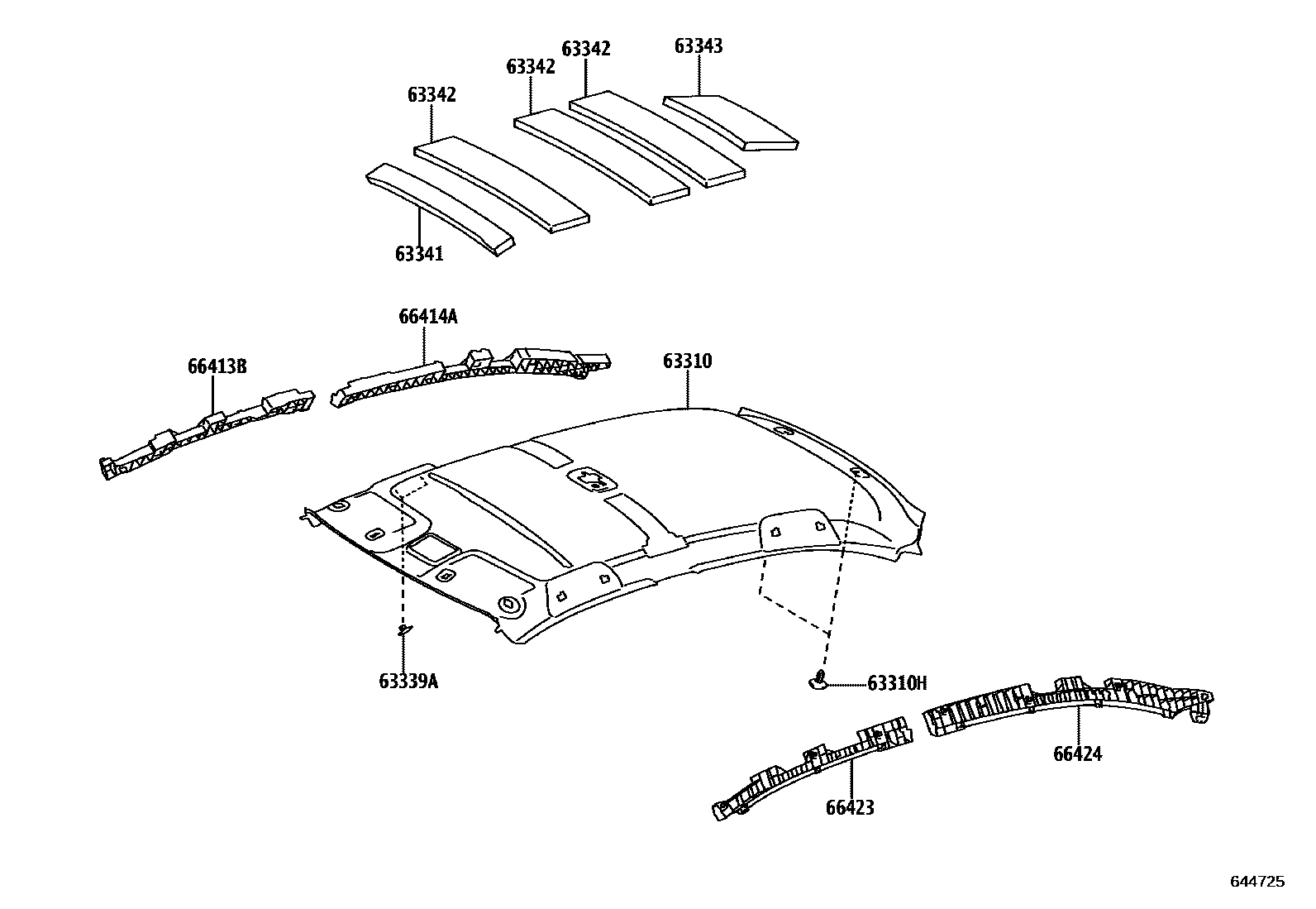 Toyota YARIS 车顶内衬和消声垫 EPC diagram — 644725