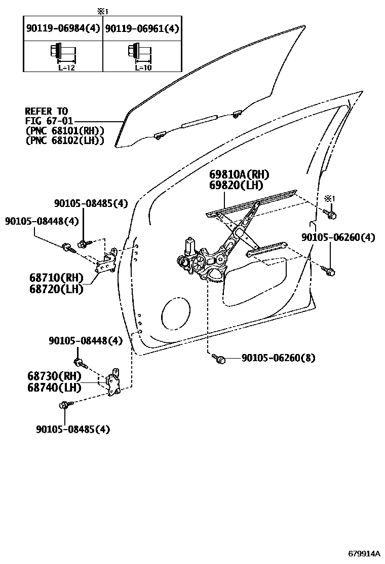 Toyota YARIS 前门车窗升降器和合页 EPC diagram — 679914A