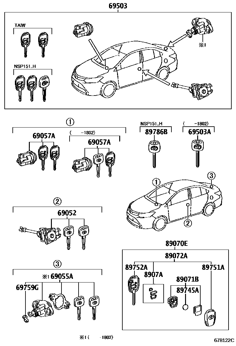 Toyota YARIS 锁芯组件 EPC diagram — 678122C
