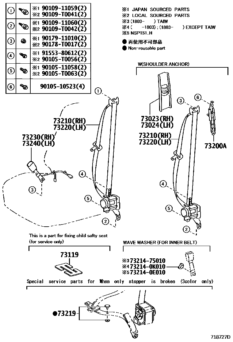 Toyota YARIS 安全带和儿童保护座椅 EPC diagram — 718727D