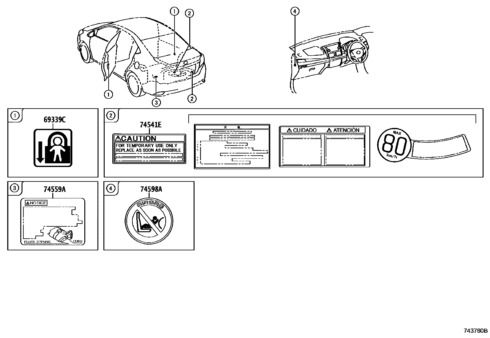 Toyota YARIS 警示铭牌(车外和车内) EPC diagram — 743780B