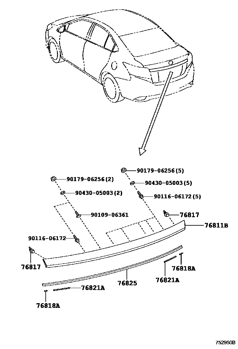 Toyota YARIS 后防护条 EPC diagram — 752950B