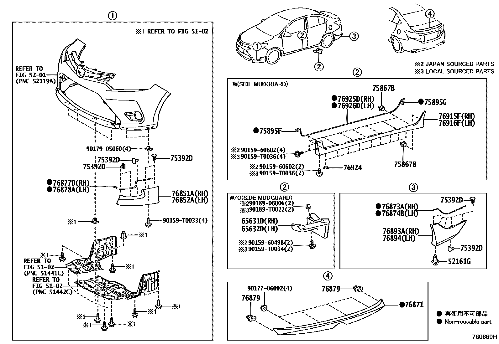 Toyota YARIS 挡泥板和扰流板 EPC diagram — 760869H