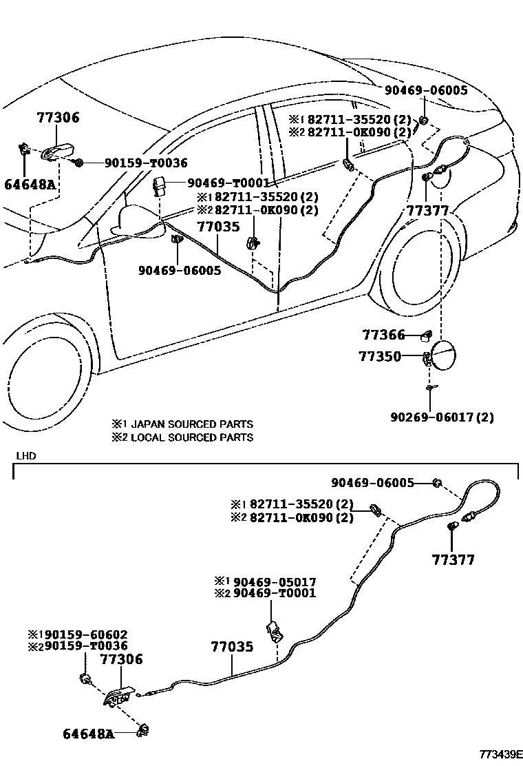 Toyota YARIS 燃油箱和燃油管 EPC diagram — 773439E