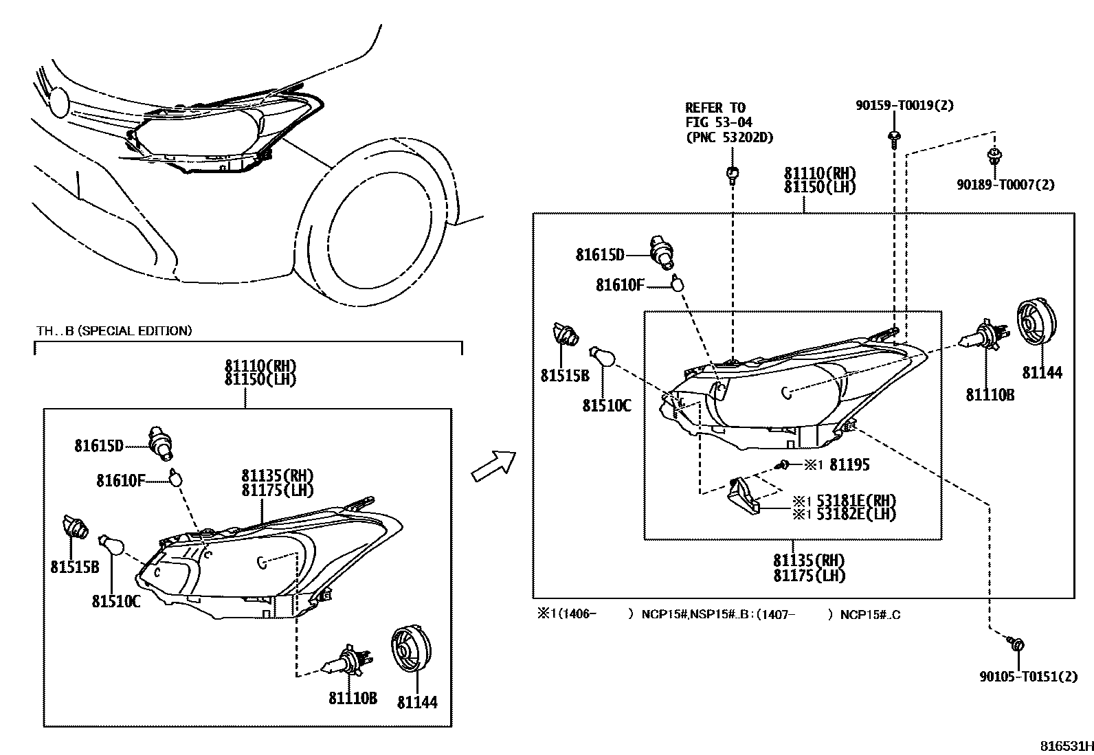 Toyota YARIS Headlamp EPC diagram — 816531I
