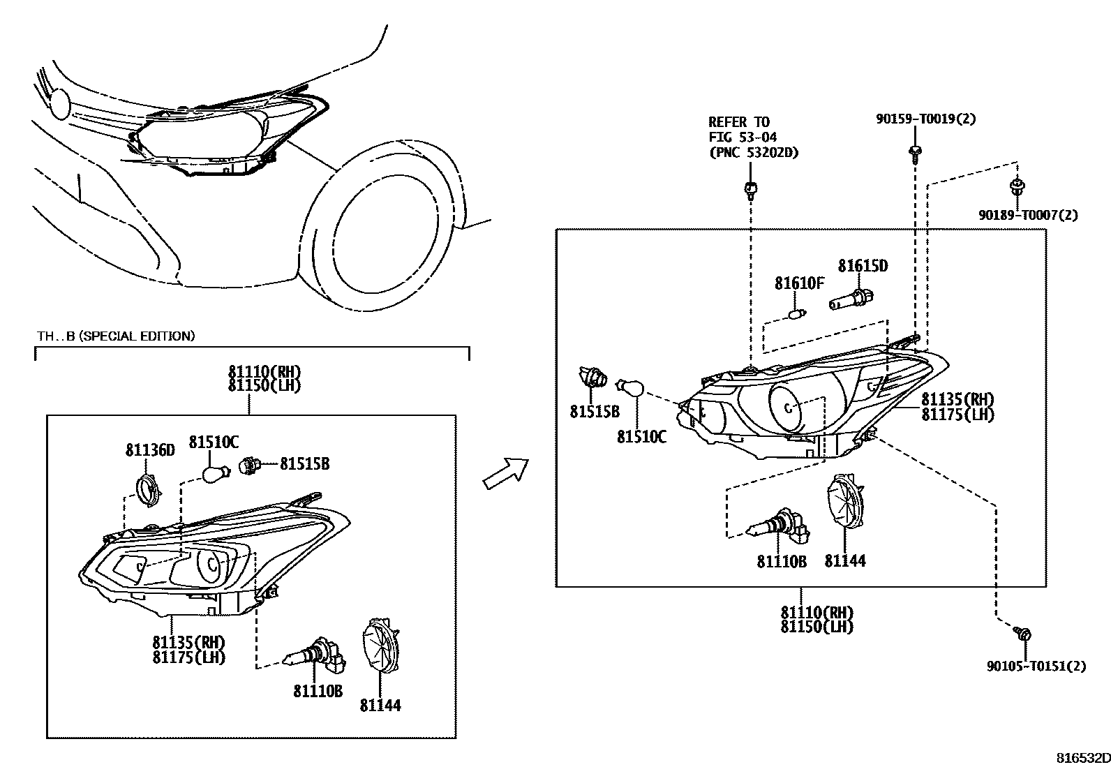 Toyota YARIS Headlamp EPC diagram — 816532D