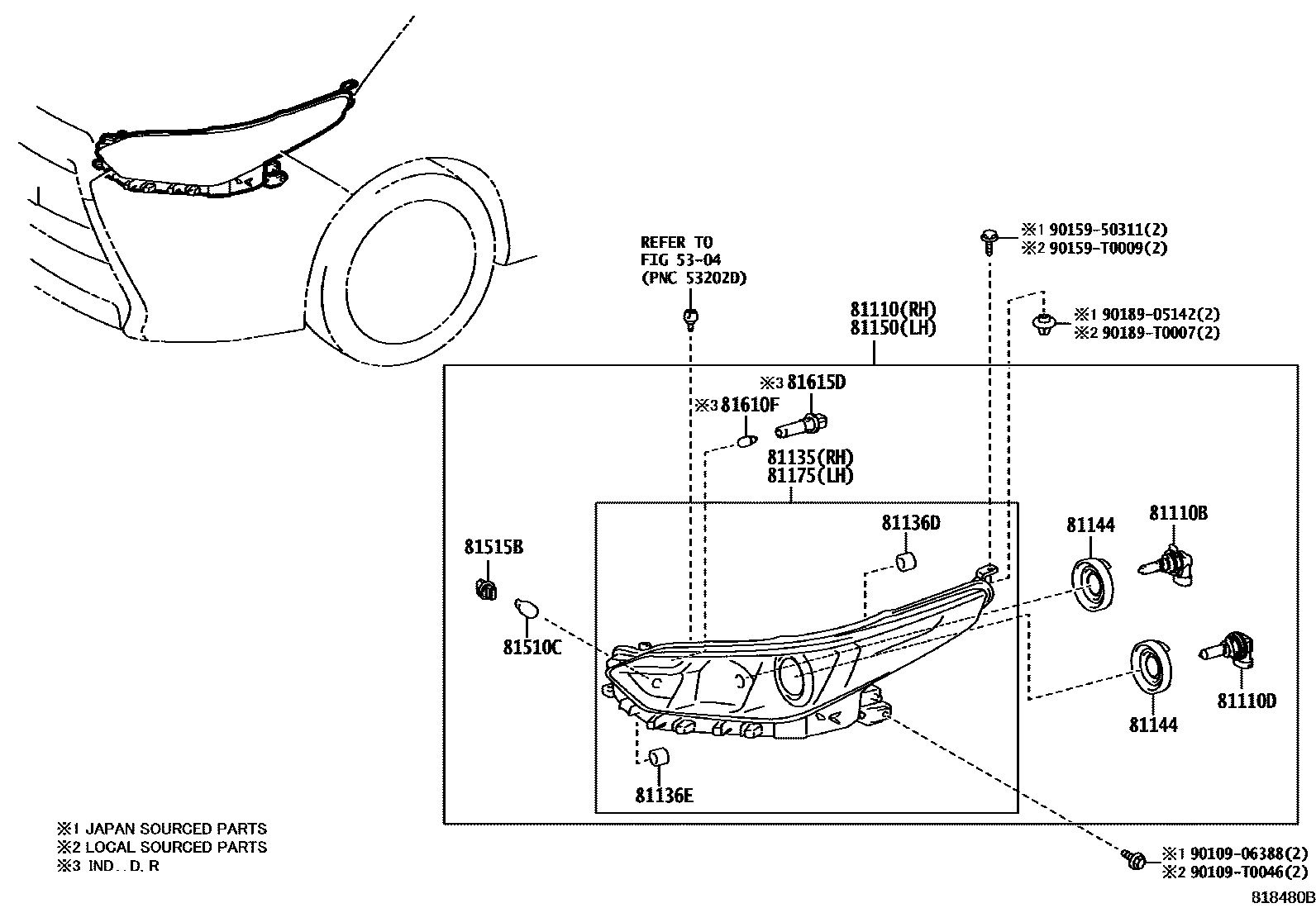 Toyota YARIS Headlamp EPC diagram — 818480B