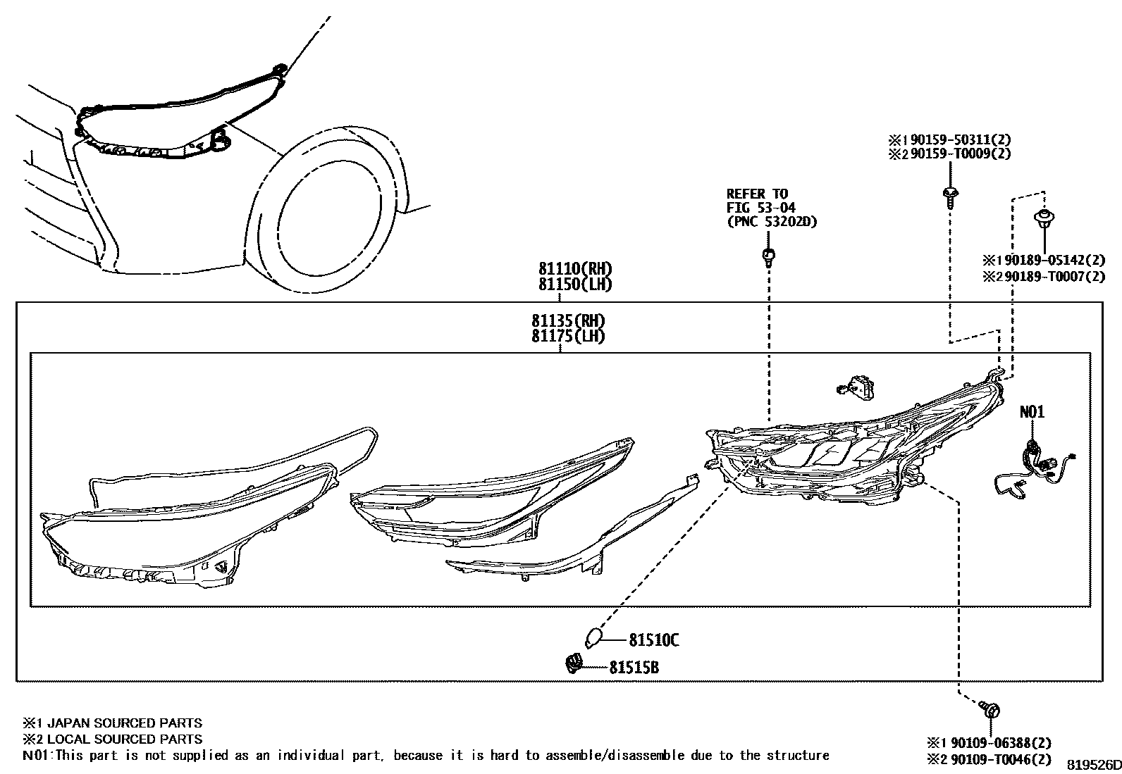 Toyota YARIS Headlamp EPC diagram — 819526D