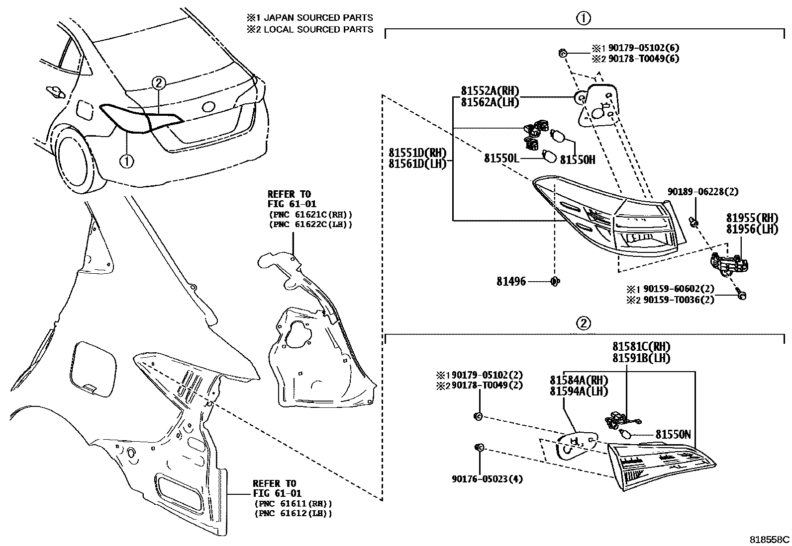 Toyota YARIS 后组合灯 EPC diagram — 818558C