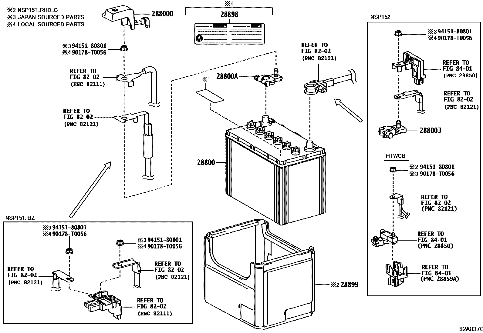 Toyota YARIS 蓄电池和蓄电池电缆 EPC diagram — 82A837C