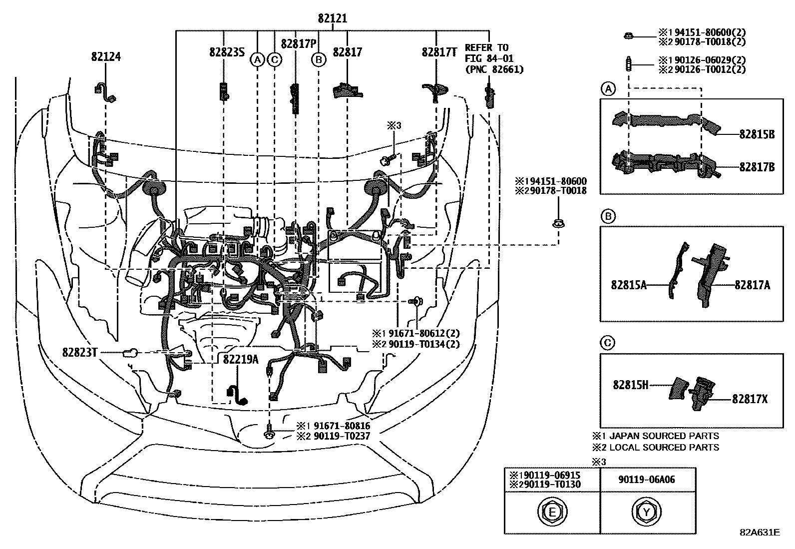 Toyota YARIS 线束和卡夹 EPC diagram — 82A631E