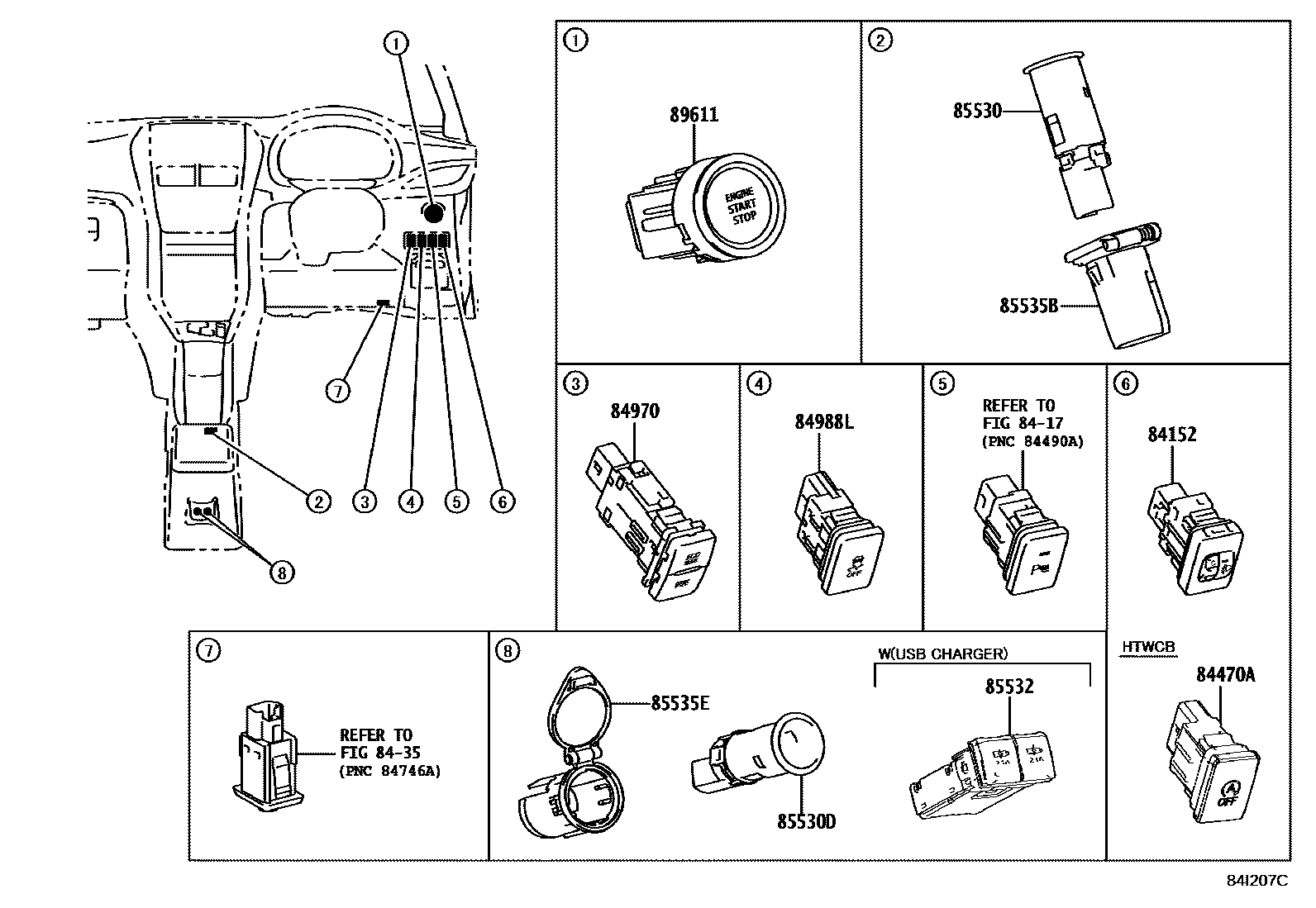Toyota YARIS 开关和继电器和ECU EPC diagram — 84I207C