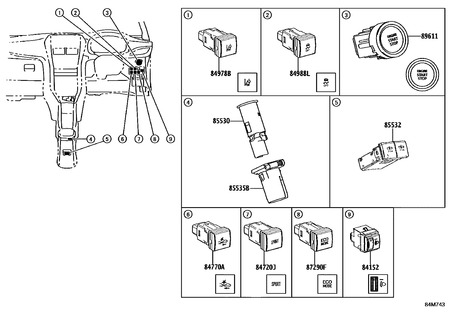 Toyota YARIS 开关和继电器和ECU EPC diagram — 84M743
