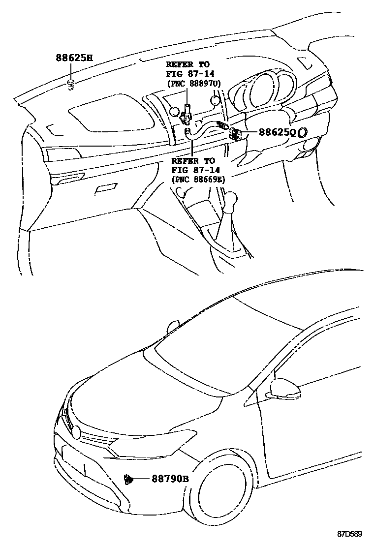 Toyota YARIS 暖风和空调系统 - 控制器和风管 EPC diagram — 87D589