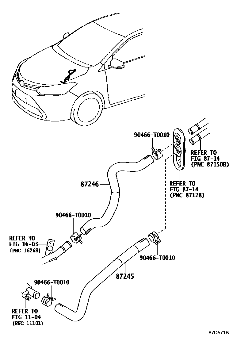 Toyota YARIS 暖风和空调系统 - 水管 EPC diagram — 87D571B