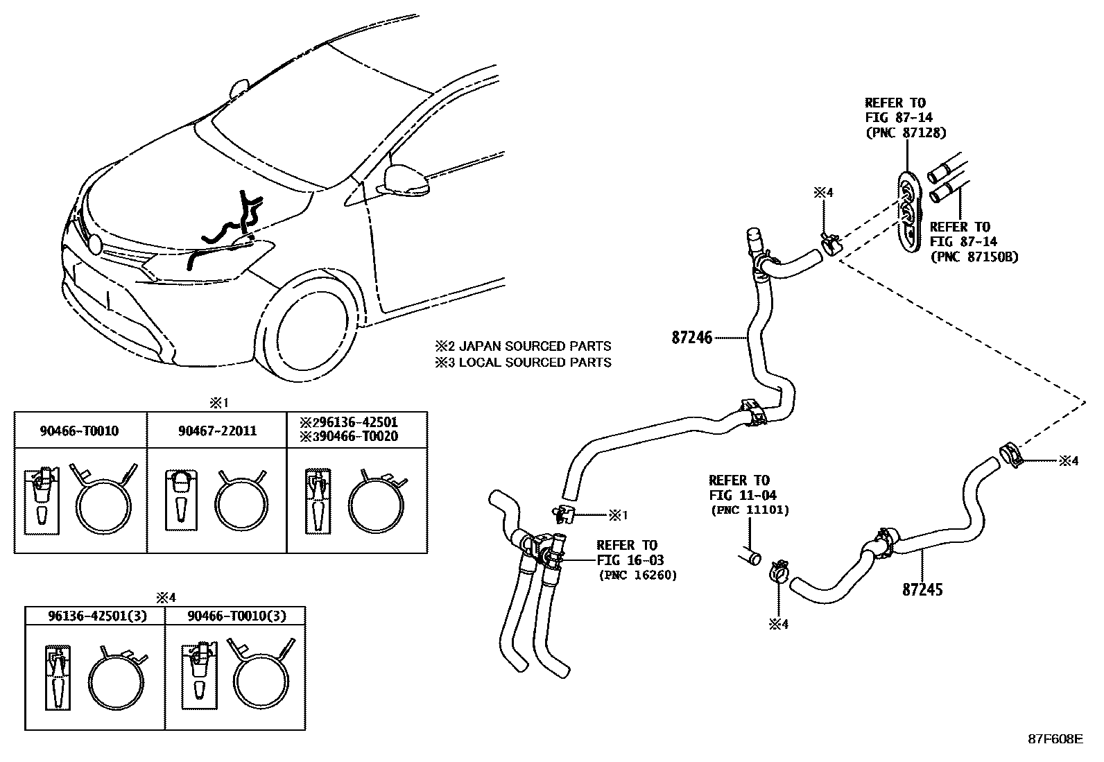 Toyota YARIS 暖风和空调系统 - 水管 EPC diagram — 87F608E